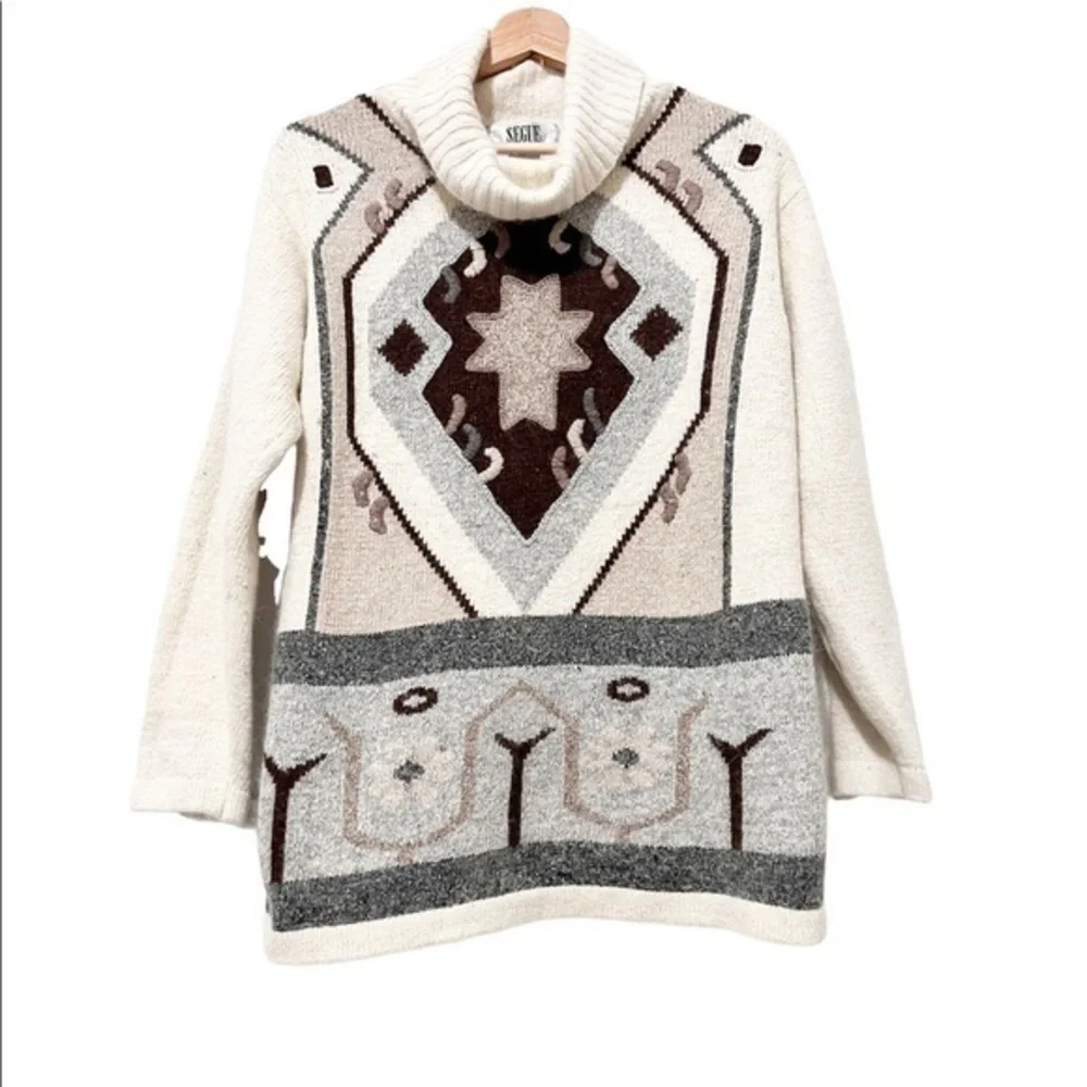 Vintage cowl neck boho tribal print silk angora rabbit hair sweater M